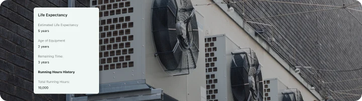 Disrupt-X ALEF 360 asset management interface showing HVAC equipment life expectancy and running hours telemetry