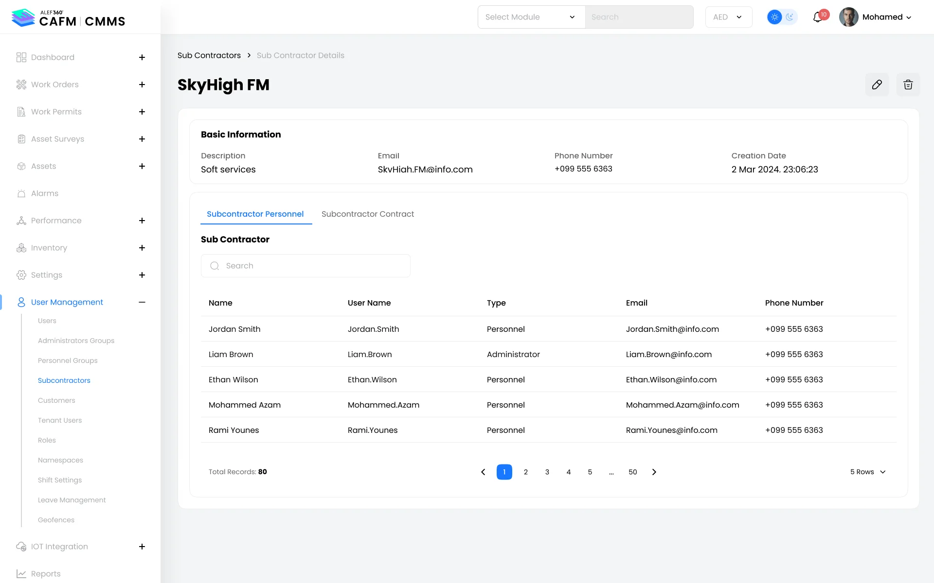 Disrupt-X ALEF 360 CAFM subcontractor management portal showing facility vendor personnel and contact profiles