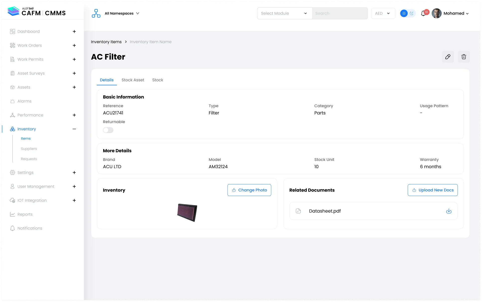 Disrupt-X ALEF 360 CMMS inventory tracking dashboard showing AC filter spare part specifications and stock status