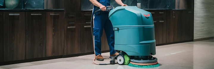 Commercial cleaning technician operating an industrial floor scrubber machine in facility operations