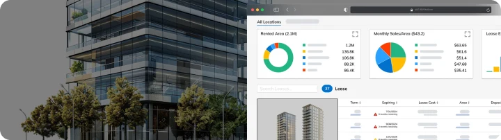 Disrupt-X ALEF 360 property asset management dashboard displaying rented area analytics, occupancy rates, and commercial lease contracts