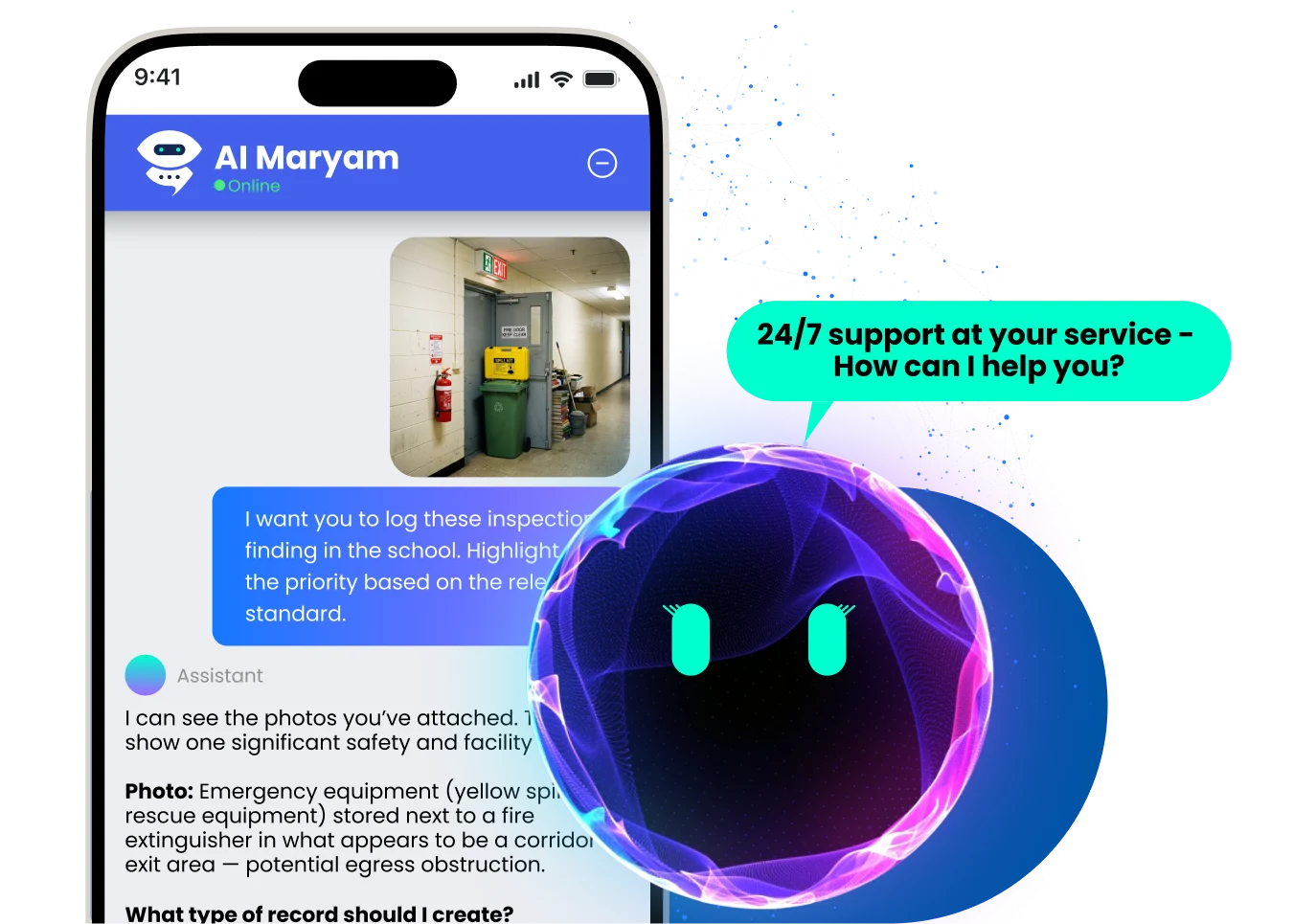 Disrupt-X AI Maryam mobile chat analyzing photo of blocked emergency exit in school to log automated safety inspection finding
