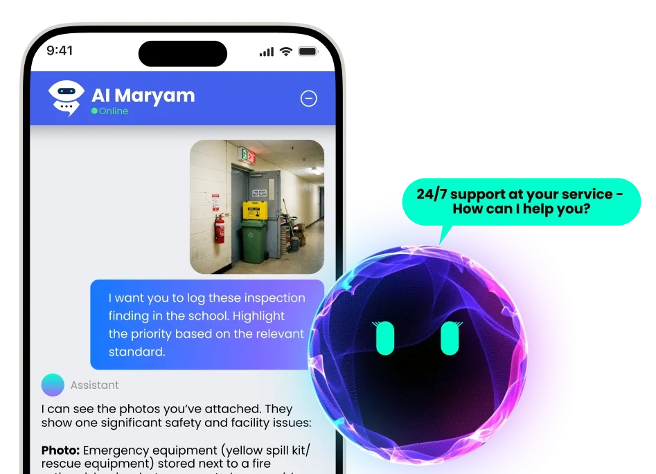 Disrupt-X AI Maryam virtual assistant analyzing photo inspection finding to log safety hazard priority on mobile