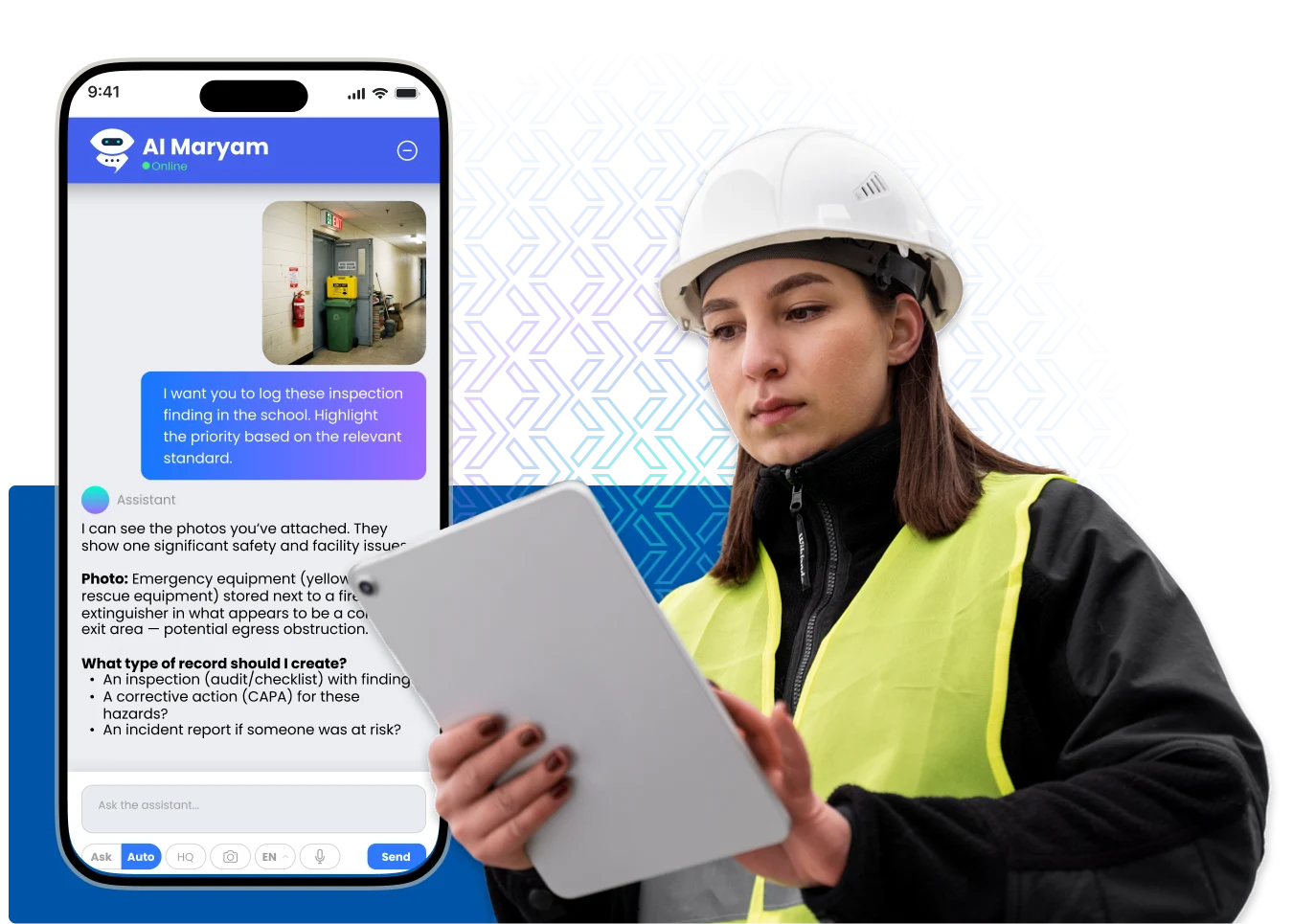 Safety auditor using tablet with AI Maryam mobile assistant to analyze blocked school emergency exit and classify audit finding