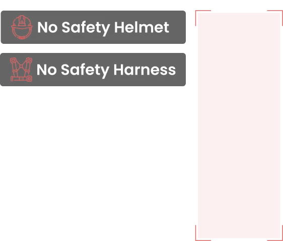 Disrupt-X AI safety alert detecting missing safety harness and helmet during working at heights