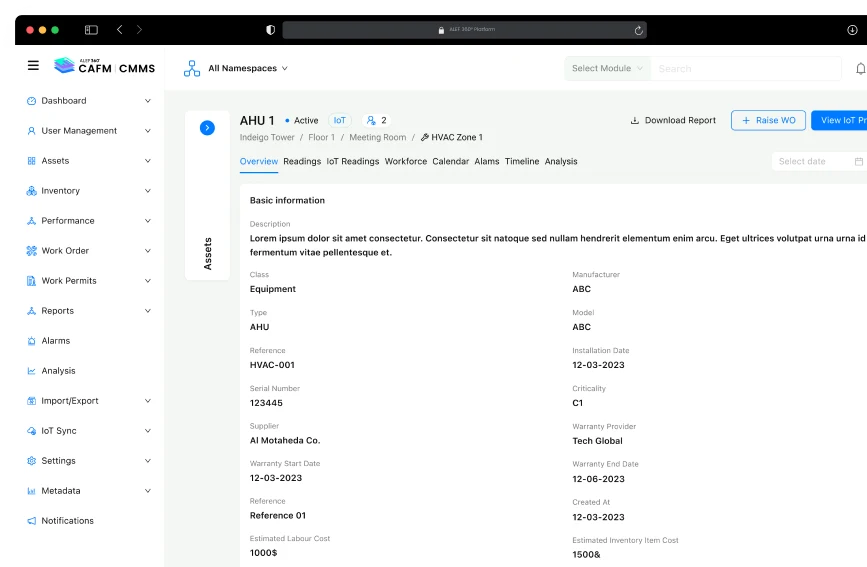 Disrupt-X ALEF 360 CAFM equipment management screen tracking IoT connected AHU air handling unit specifications and warranty