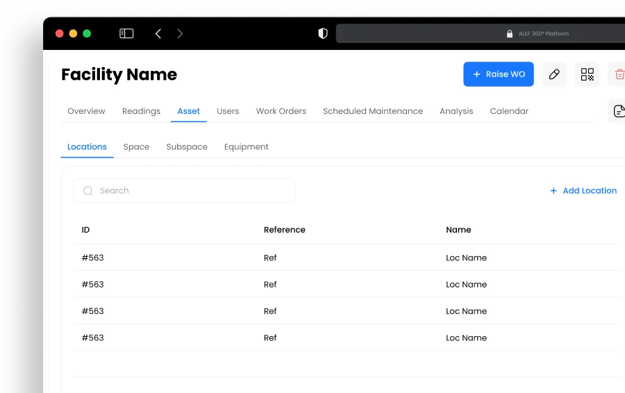 Disrupt-X ALEF 360 CAFM asset location registry showing spaces, subspaces, and equipment mapping