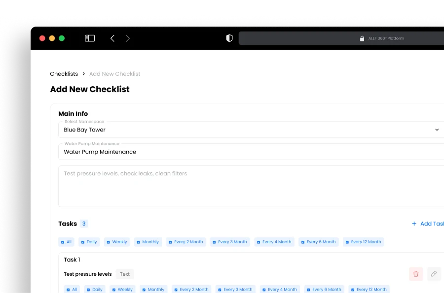 Disrupt-X ALEF 360 CAFM custom checklist builder configuring water pump inspection tasks and recurrence frequency