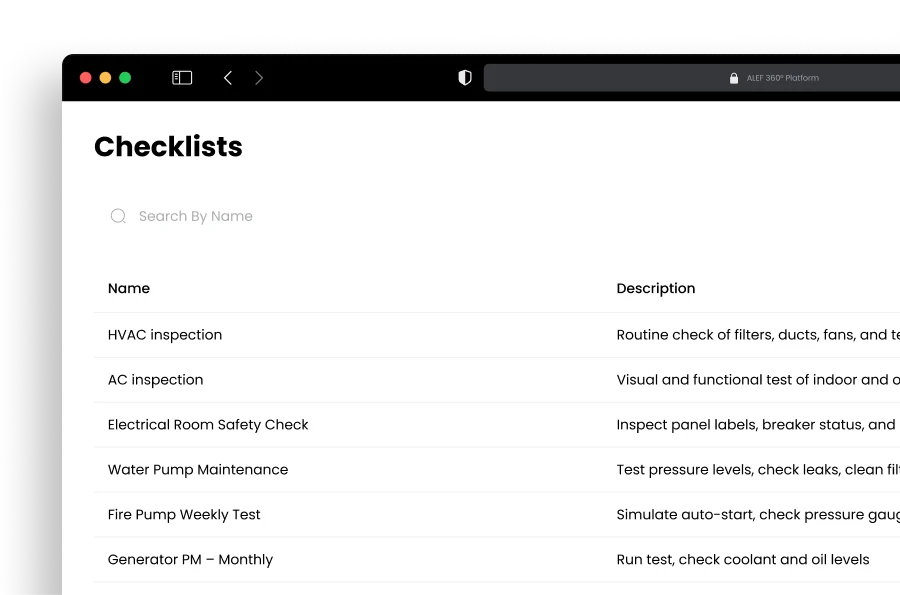 Disrupt-X ALEF 360 CAFM inspection management directory displaying routine HVAC, electrical, and generator checklists