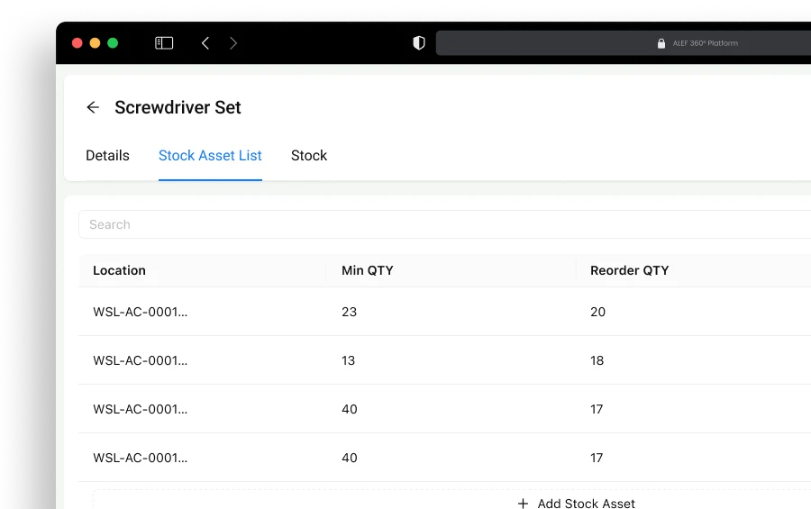 Disrupt-X ALEF 360 CAFM stock asset list setting minimum quantities and automated reorder points across warehouse locations