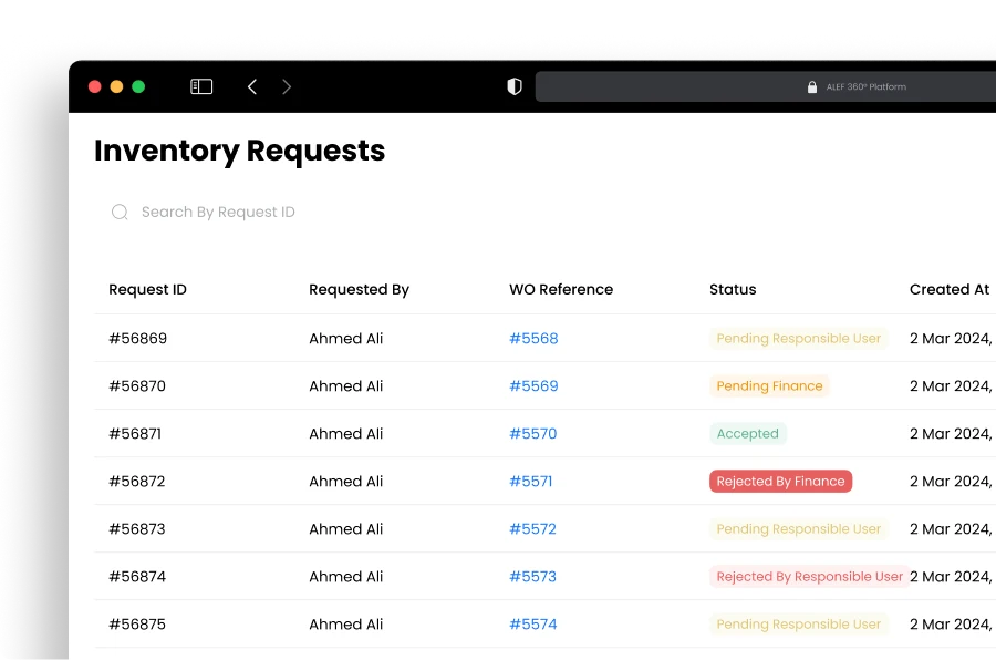 Disrupt-X ALEF 360 CAFM inventory material requests log displaying work order linkage and multi-stage approval status