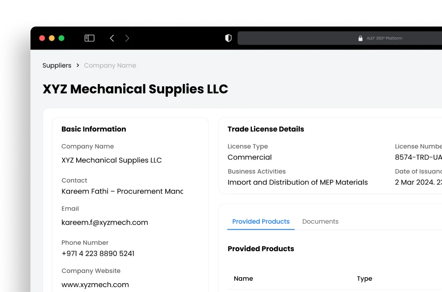 Disrupt-X ALEF 360 CAFM procurement vendor profile showing MEP supplier trade license details and product directory