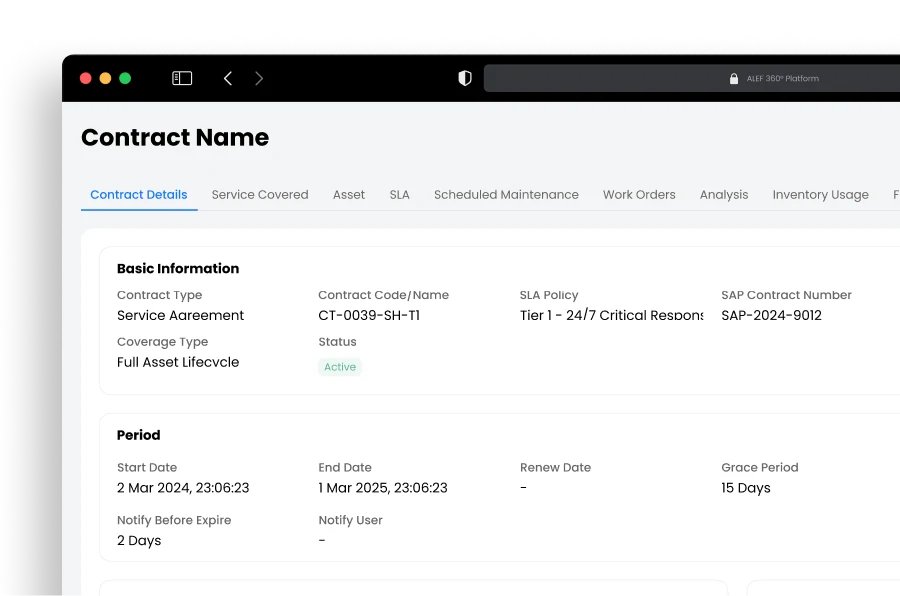 Disrupt-X ALEF 360 CAFM service agreement details view showing SAP contract number, 24/7 critical response SLA, and renewal period