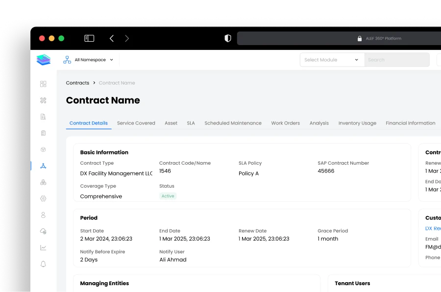 Disrupt-X ALEF 360 CAFM contract management interface showing SLA policies, renewal dates, and SAP integration details
