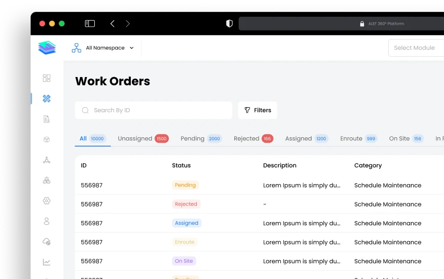 Disrupt-X ALEF 360 CAFM work orders overview table tracking maintenance statuses from assignment to completion