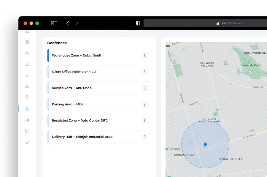 Disrupt-X ALEF 360 geofencing management interface tracking facility perimeter zones and service yard radius on map