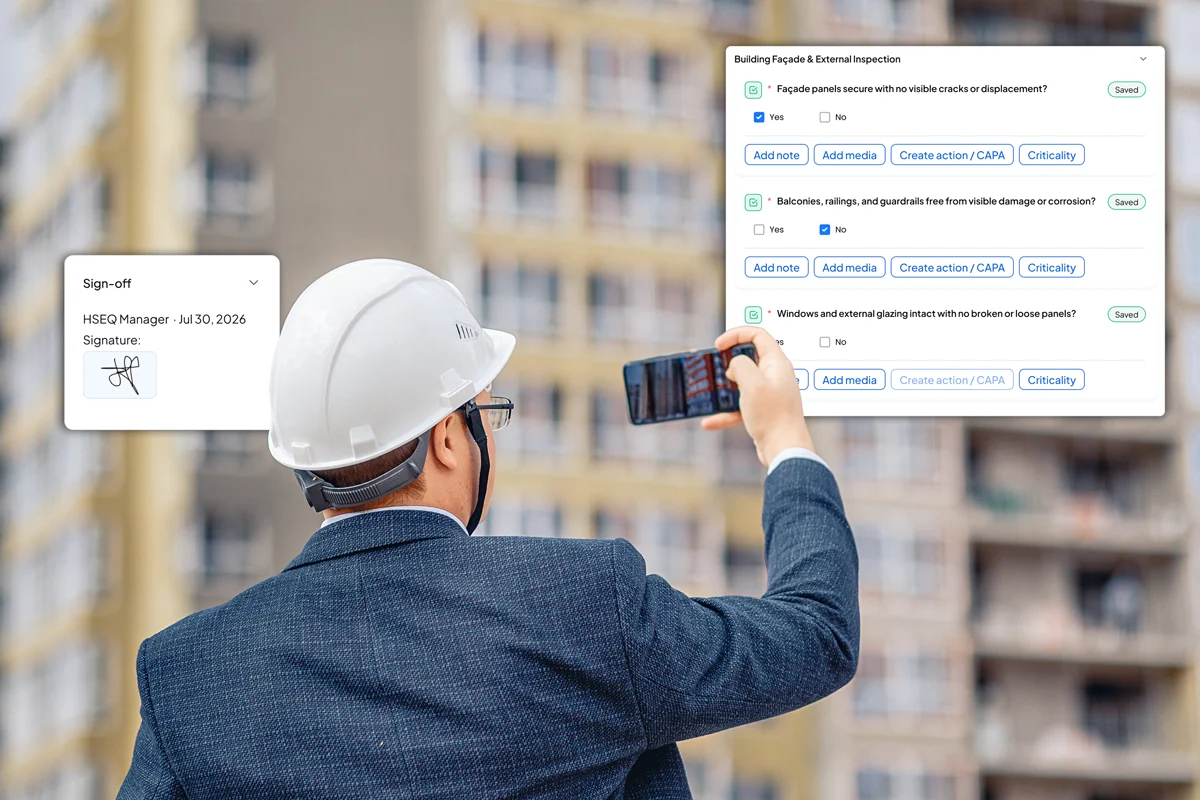 Disrupt-X ALEF 360 HSEQ mobile building façade inspection checklist with digital manager sign-off signature