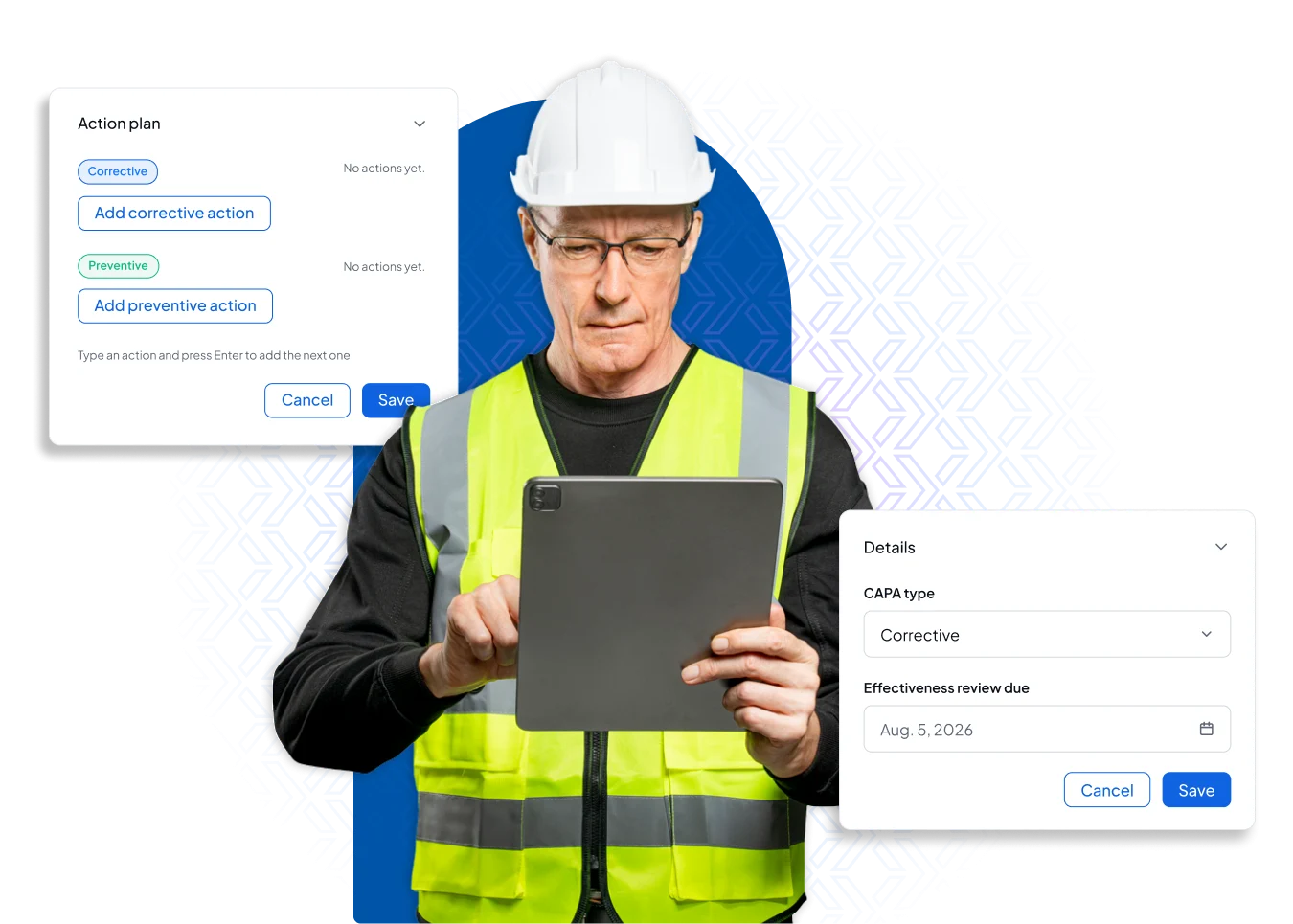 Disrupt-X ALEF 360 HSEQ CAPA action plan modal configuring corrective and preventive actions with effectiveness review dates