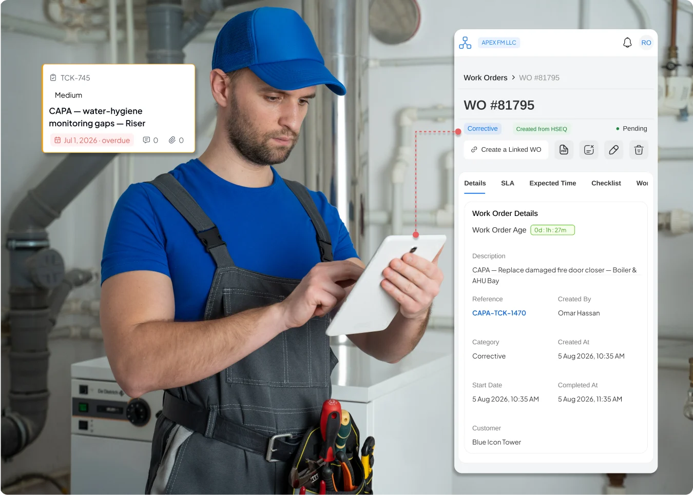 Field maintenance technician using tablet to execute corrective maintenance work order linked directly to an HSEQ CAPA finding