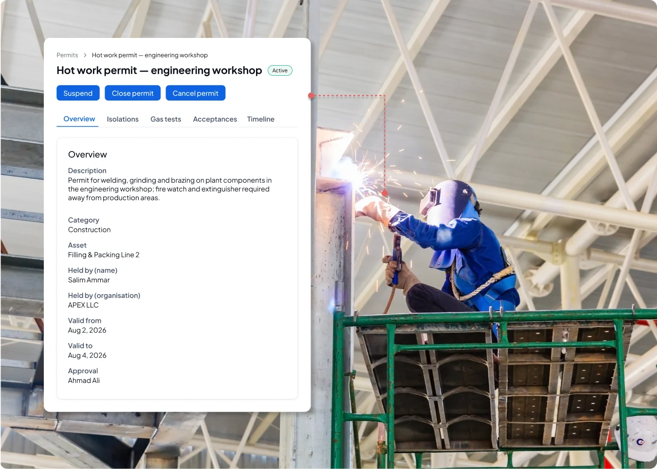 Disrupt-X ALEF 360 HSEQ active hot work permit interface verifying welding safety controls and fire watch requirements