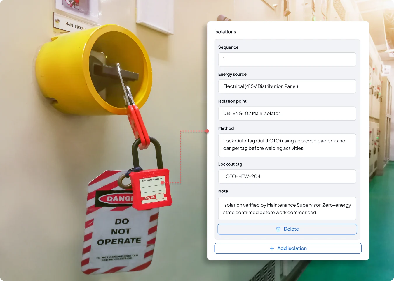Disrupt-X ALEF 360 HSEQ Lockout Tagout LOTO form verifying electrical energy isolation and zero-energy safety state