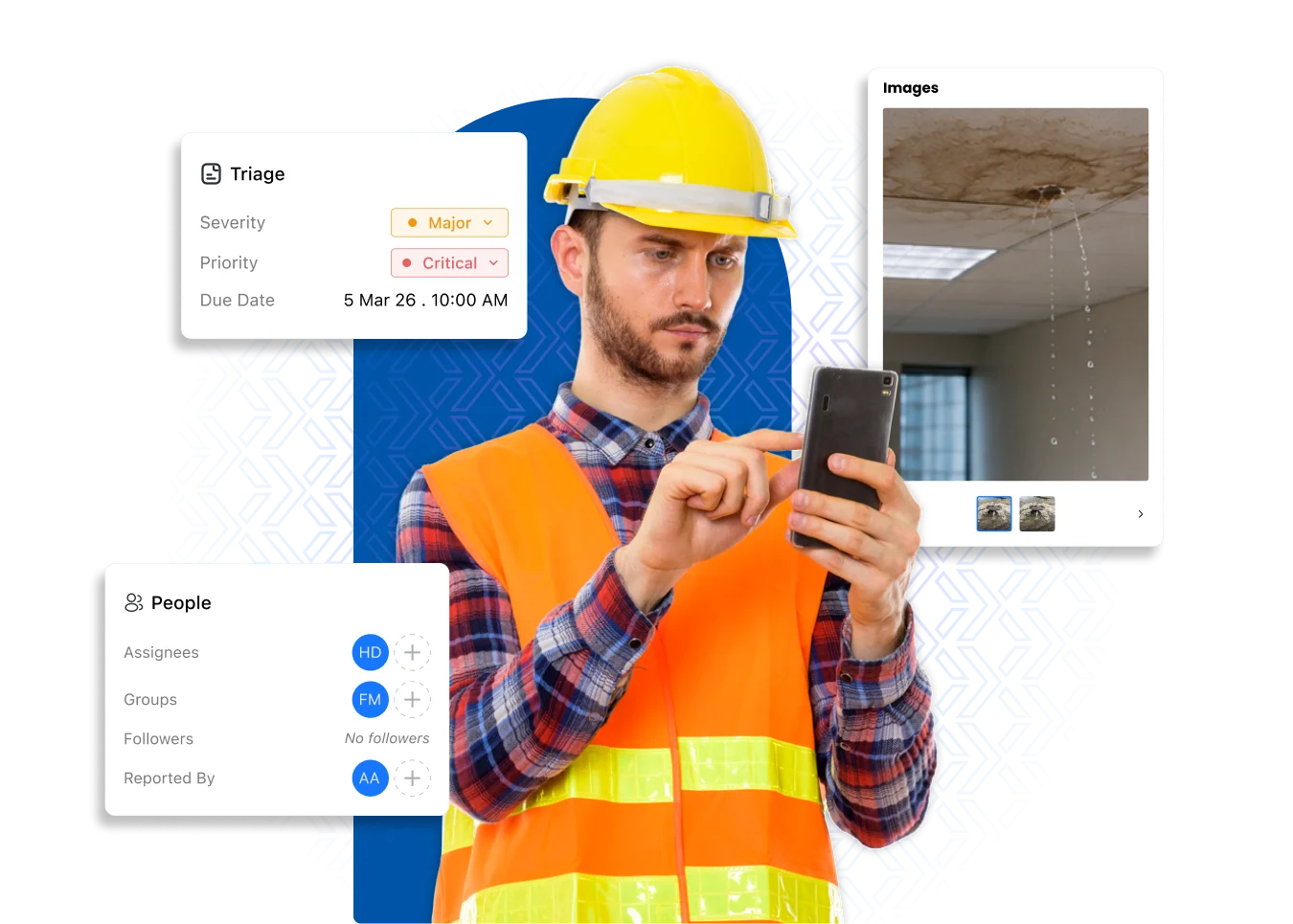 Field safety technician using mobile phone for incident triage, assigning major severity and critical priority to ceiling water leak