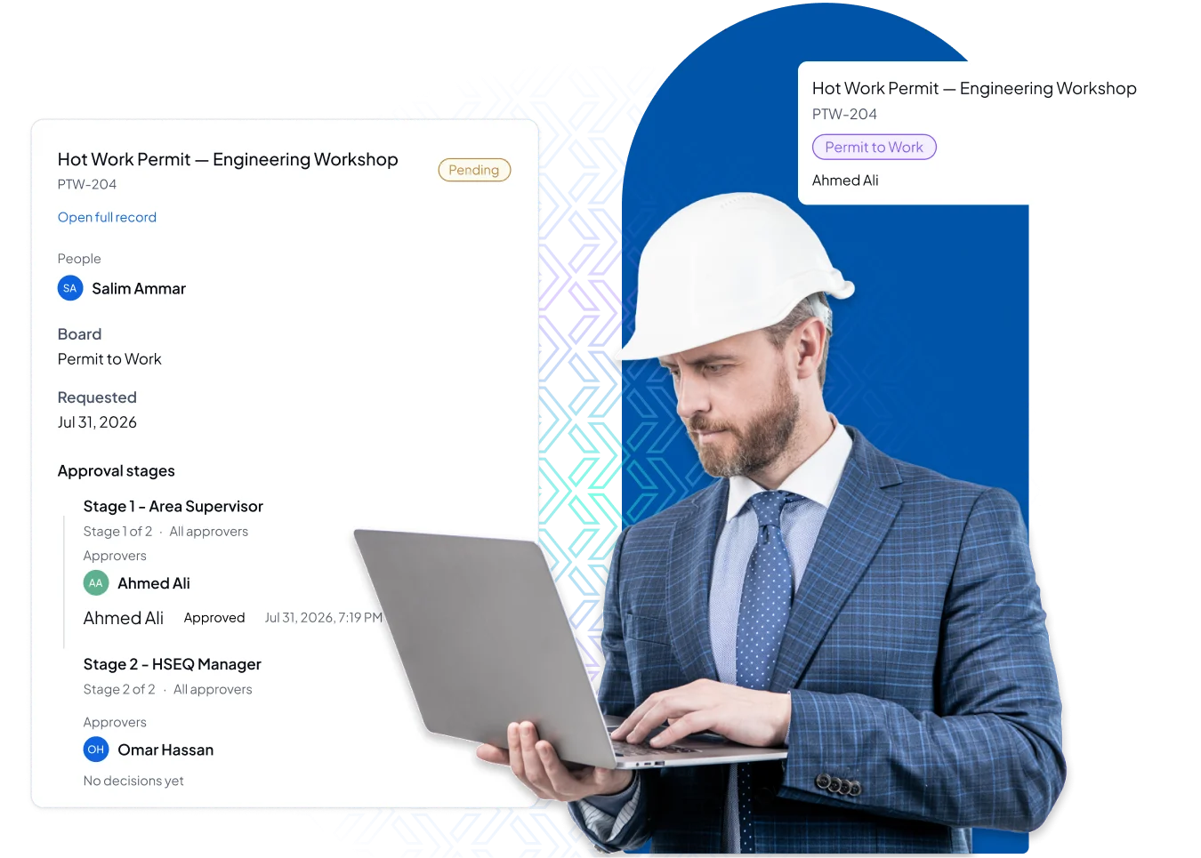 Safety manager reviewing multi-stage digital permit to work approval workflow for hot work operations in Disrupt-X HSEQ