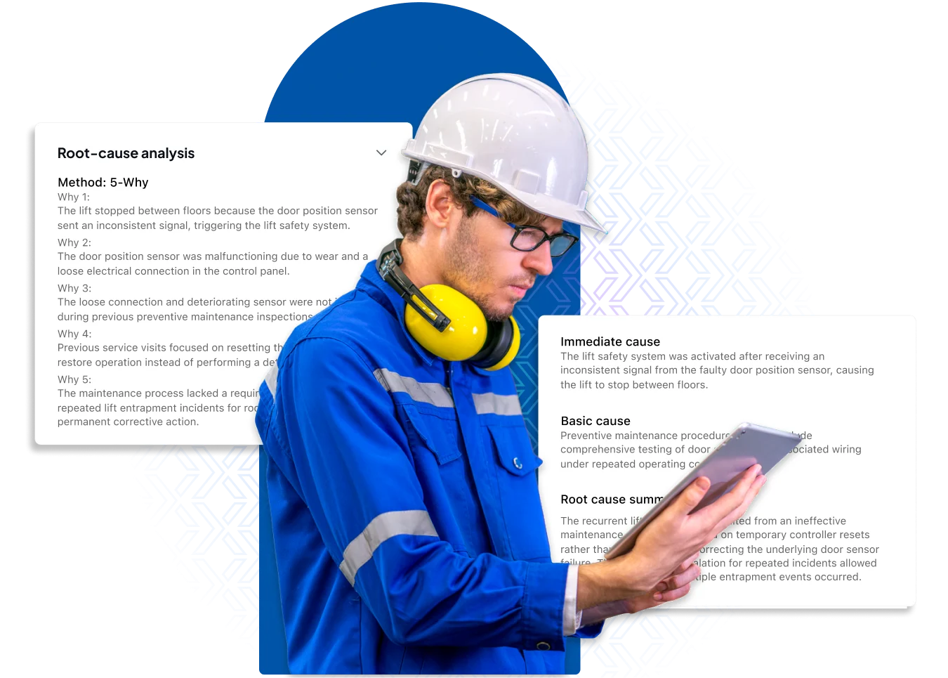 Safety engineer on tablet conducting 5-Why root cause analysis for elevator entrapment failure in Disrupt-X HSEQ