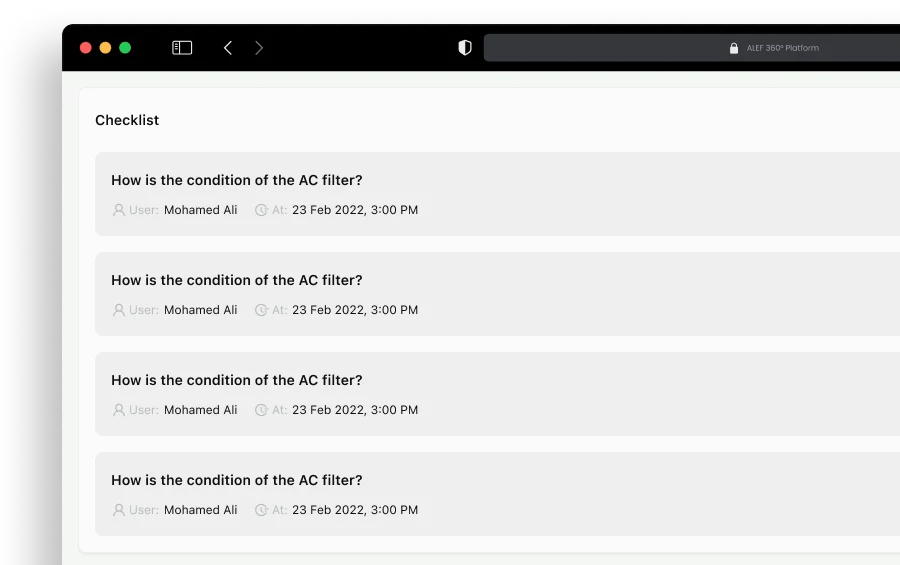 Disrupt-X ALEF 360 digital maintenance inspection checklist verifying AC filter condition and technician logs