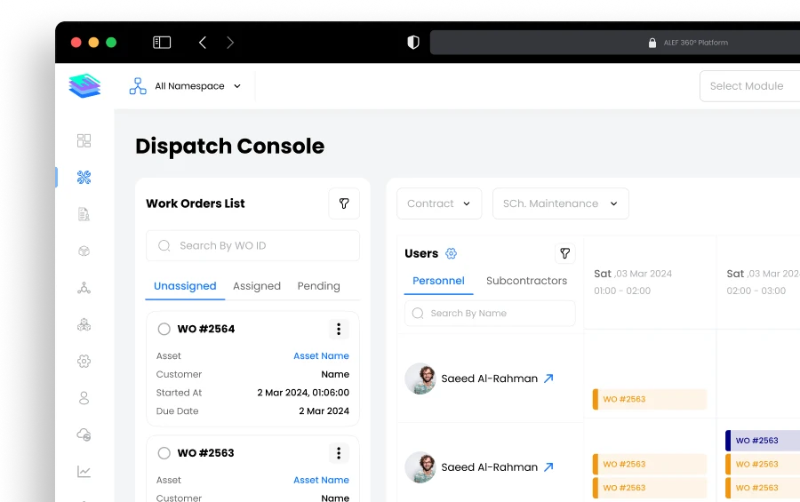 Disrupt-X ALEF 360 maintenance dispatch console assigning unassigned work orders across technician calendar timelines