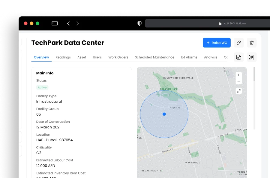 Disrupt-X ALEF 360 reactive maintenance screen displaying data center facility profile and location geofence radius