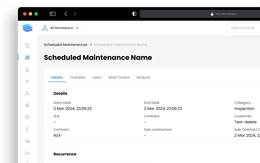 Disrupt-X ALEF 360 preventive maintenance scheduler configuration interface for inspection recurrence