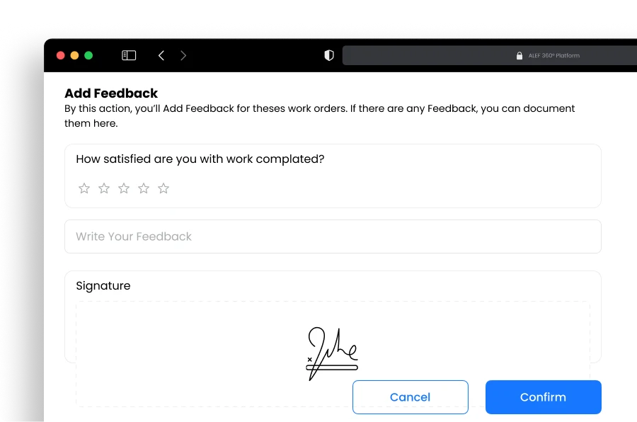 Disrupt-X ALEF 360 customer feedback form with star satisfaction rating and digital sign-off signature for completed work orders